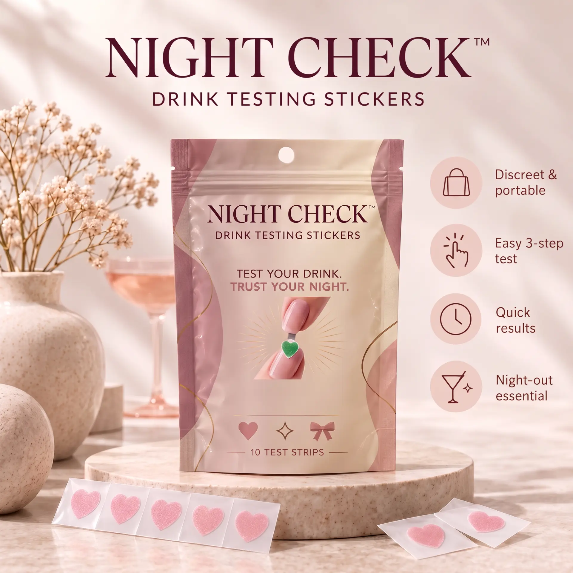 NIGHT CHECK drink-testing sticker pouch with pink heart stickers