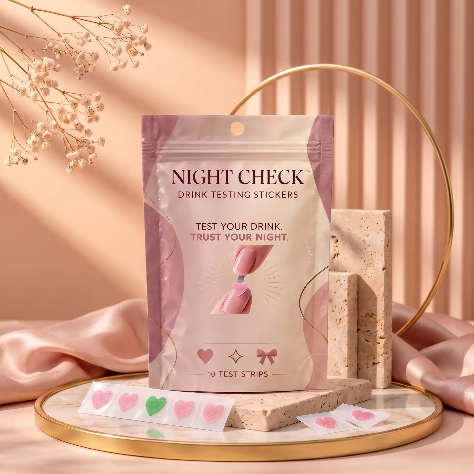 NIGHT CHECK sticker pouch on a display tray