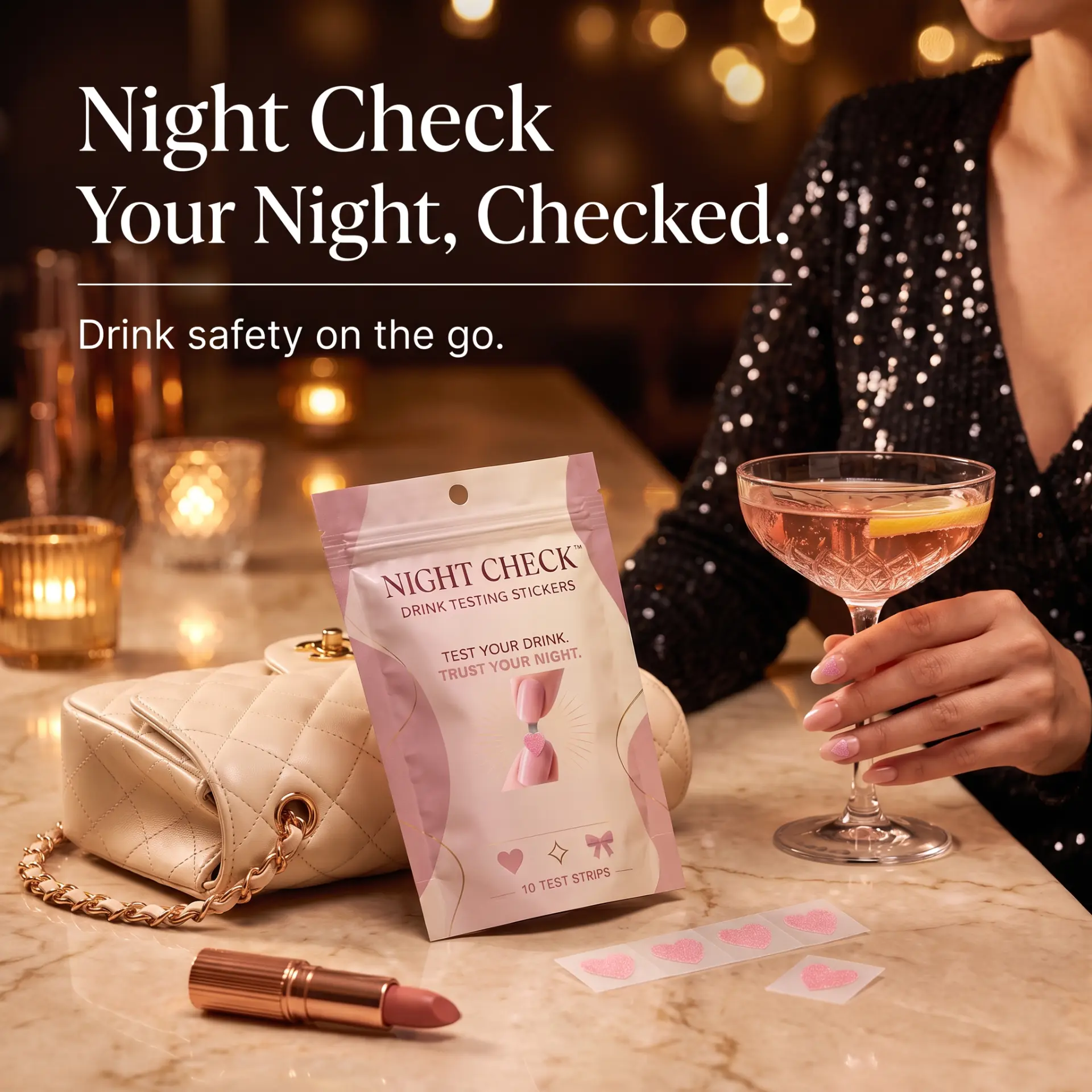 NIGHT CHECK pouch and stickers beside a drink